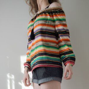 Ralph Lauren Striped Multicolor Serape Boho Western Off Shoulder Shirt Women's